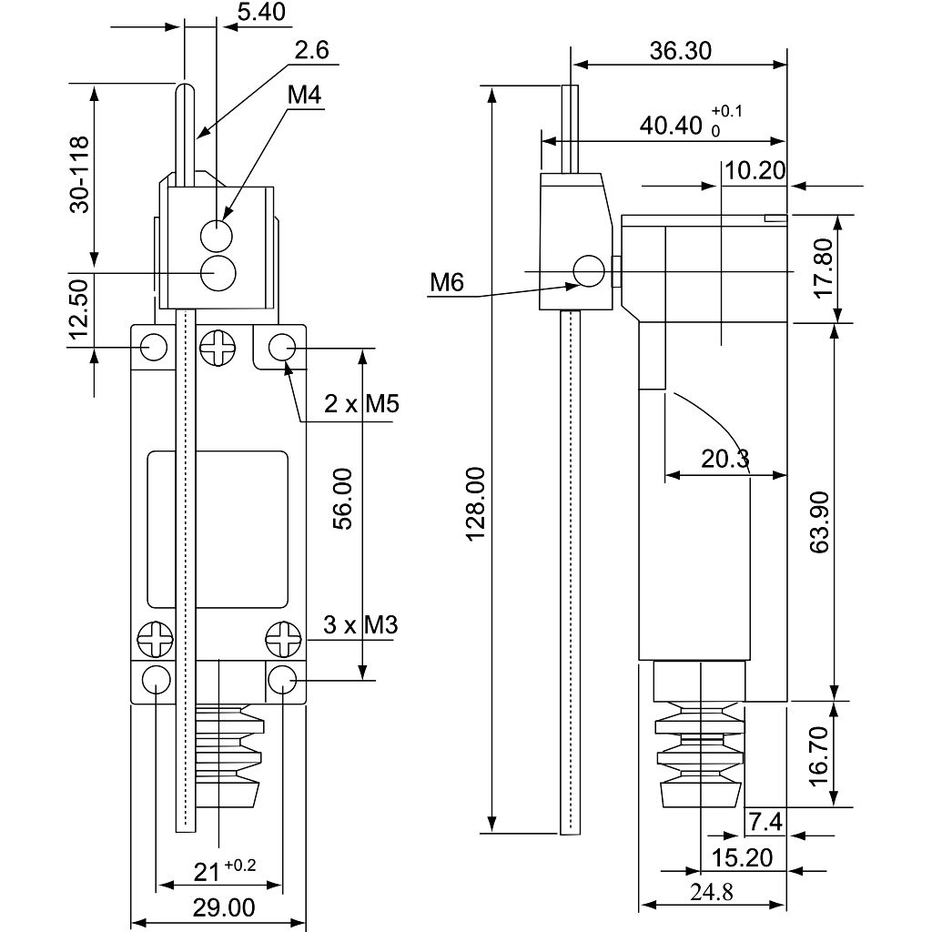 Tracon LSME8107 Helyzetkapcsoló,billenőkar-pálca 1xNO+1xNC,2A/230V AC-15,0,3A/250V DC-13,0-100mm,IP65 - Image 2