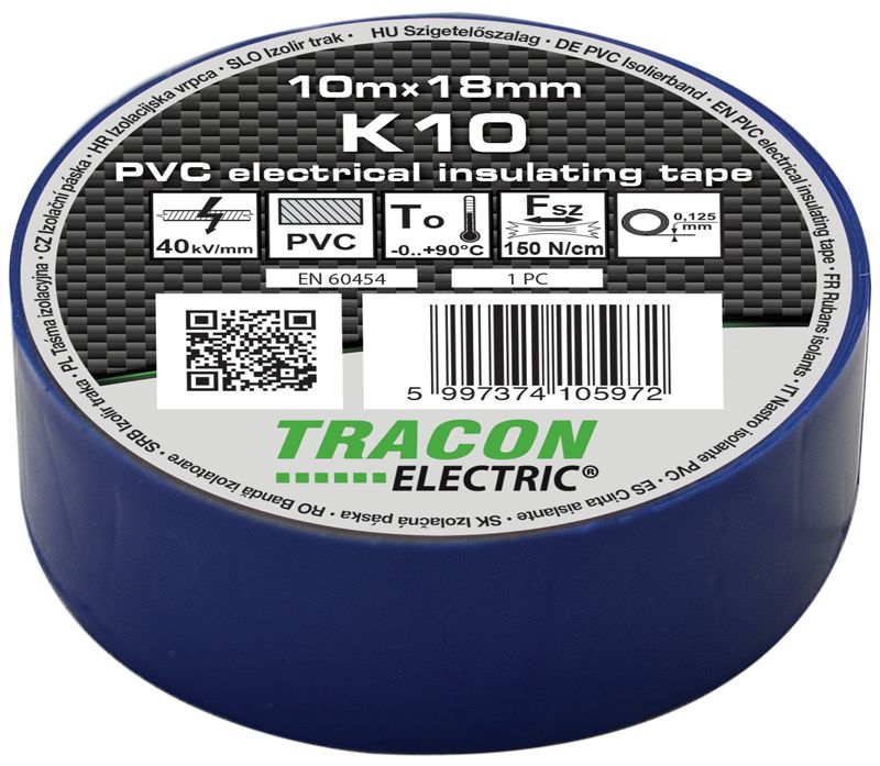 Tracon K10 Szigetelőszalag,kék 10m×18mm,PVC,0-90°C,40kV/mm