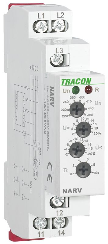 Tracon NARV Feszültségfigyelő relé 3 fázisra AC 220-460V,U> U< = +/-2-20%,t=0,1-10s,Asymm 8%