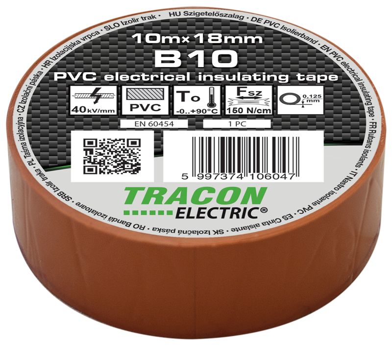 Tracon B10 Szigetelőszalag,barna 10m×18mm,PVC,0-90°C,40kV/mm