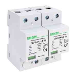 Tracon ESPD1+2+3-25-2P T1+T2+T3 AC típusú túlfeszültség levezető,egybeépített Uc:275V; Iimp:25kA; In:25kA; Uoc:20kV; Up:1,3kV; 2P