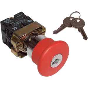 Tracon NYGBS9445PT Tokozott reteszelt gombafejű vészgomb,piros,kulcsos 1×NC+1×NO,3A/400V AC,IP44,d=40mm