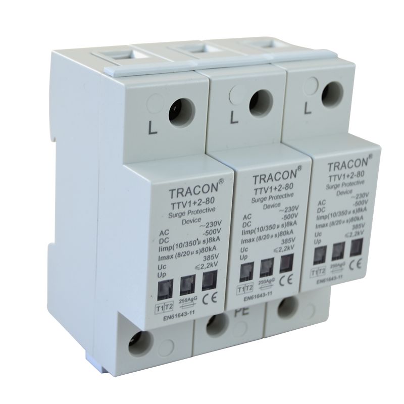 Tracon TTV1+2-80-3P AC/DC túlfeszültség levezető,1+2-es típus,egybeépített 230/400 V,50 Hz,8 kA 40/80 kA,3P