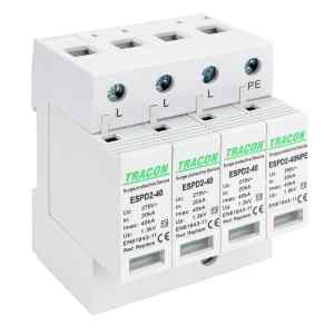 Tracon ESPD2-40-3+1P T2 AC típusú túlfeszültség levezető,cserélhető betéttel Uc:275/255V; In:20kA; Imax:40kA; Up:1,3/1,5kV; 3+1P
