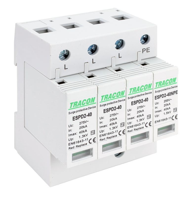 Tracon ESPD2-40-3+1P T2 AC típusú túlfeszültség levezető,cserélhető betéttel Uc:275/255V; In:20kA; Imax:40kA; Up:1,3/1,5kV; 3+1P