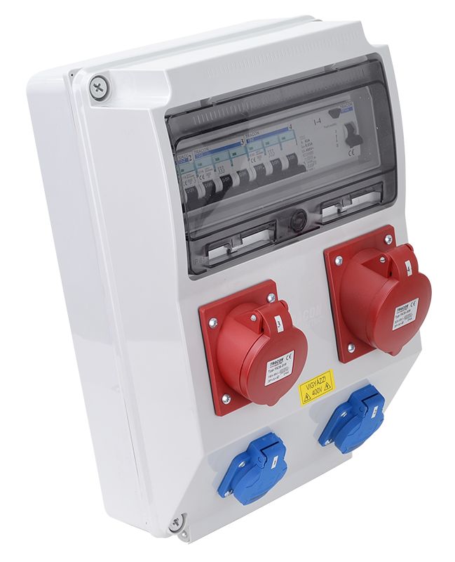 Tracon TDB12-12MV Csatlakozó doboz védelemmel,vezetékezett,készre szerelt Prot.:RCCB,MCB,Out:2×SCHUKO+1×32A+1×16A