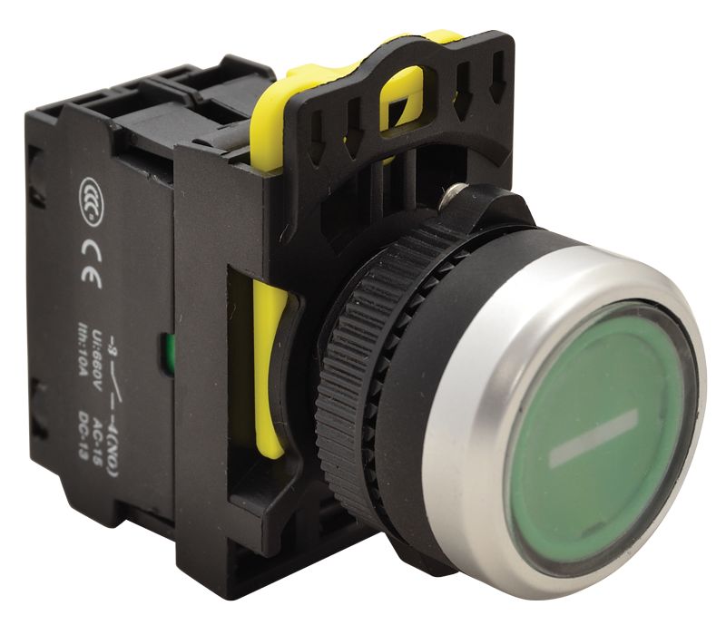 Tracon NYG3-P1L Jelölt,világító nyomógomb,zöld,1×NO,5A/230V AC-15,IP65,LED 230V AC/DC
