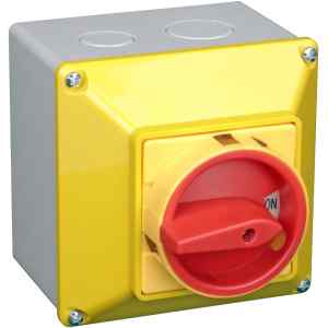 Tracon TKFL-63T65S Tokozott főkapcsoló,lakatolható,sárga fedéllel,BE-KI 400V,50Hz,63A,4P,18,5kW,64×64mm,IP65