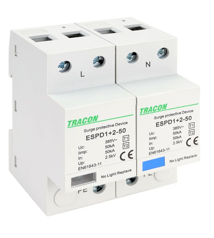 Tracon ESPD1+2-50-2P T1+T2 AC típusú túlfeszültséglevezető,egybeépített Uc:385V; Iimp:50kA; In:50kA; Imax:160kA; Up:2,5kV; 2P