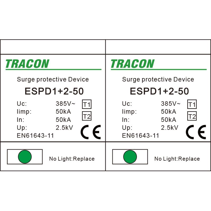 Tracon ESPD1+2-50-2P T1+T2 AC típusú túlfeszültséglevezető,egybeépített Uc:385V; Iimp:50kA; In:50kA; Imax:160kA; Up:2,5kV; 2P - Image 2