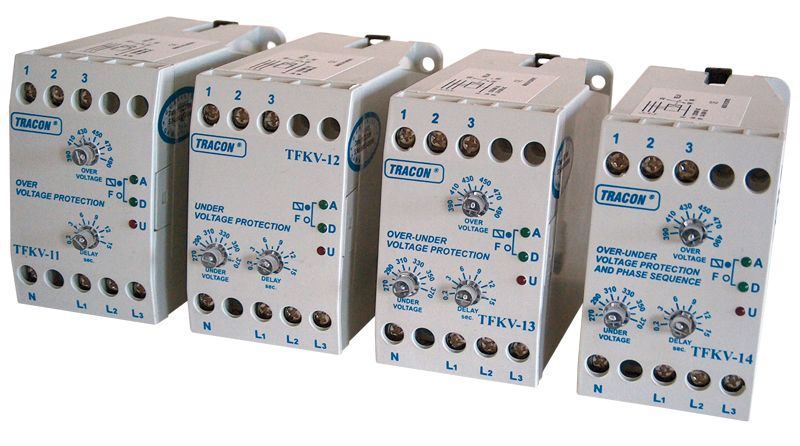 Tracon TFKV-12 Védőrelé,feszcsök/fesznöv. 3 fázisra,állítható Umin=270-370V / Umax=490V,0.2s-15s,5A/250V