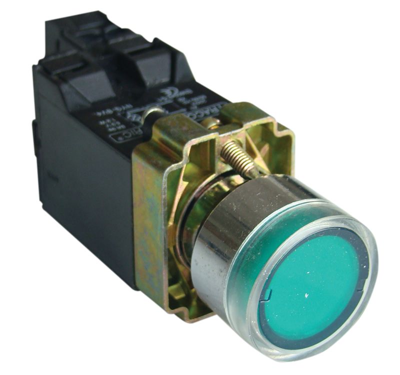 Tracon NYGBW3341Z Világító nyomógomb,fémalap,trafóval,zöld,glim,izzó nélk 1×NO,3A/230V AC,6V,IP42