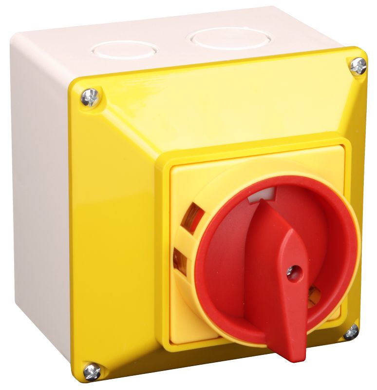 Tracon TSS-40/3T65S Tokozott biztonsági lakatolható szakaszoló kapcsoló,sárga 400V,50Hz,40A,3P,11kW,64×64mm,IP65