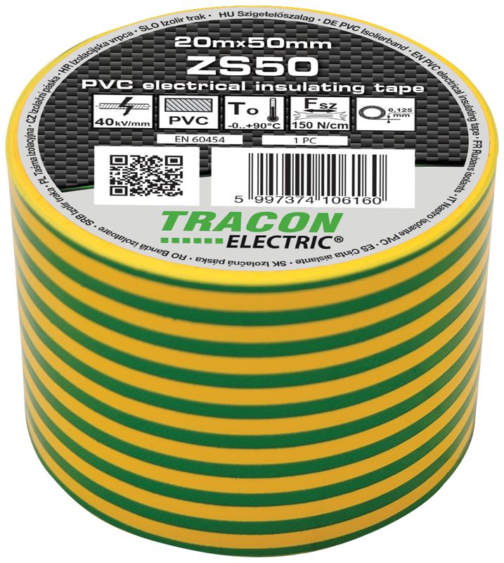 Tracon ZS50 Szigetelőszalag,zöld-sárga 20m×50mm,PVC,0-90°C,40kV/mm