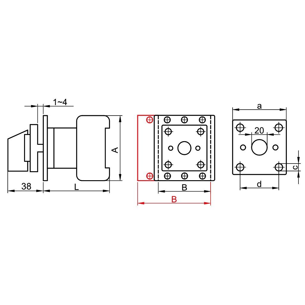 Tracon TS-40/3T65 Tokozott szakaszoló kapcsoló 400V,50Hz,40A,3P,11kW,64×64mm,IP65 - Image 2