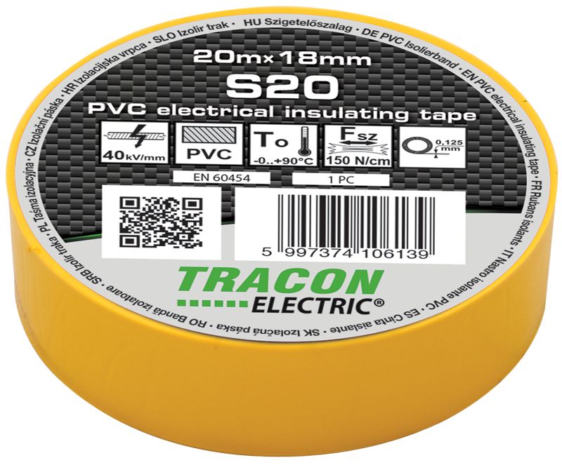 Tracon S20 Szigetelőszalag,sárga 20m×18mm,PVC,0-90°C,40kV/mm