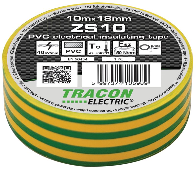 Tracon ZS10 Szigetelőszalag,zöld/sárga 10m×18mm,PVC,0-90°C,40kV/mm