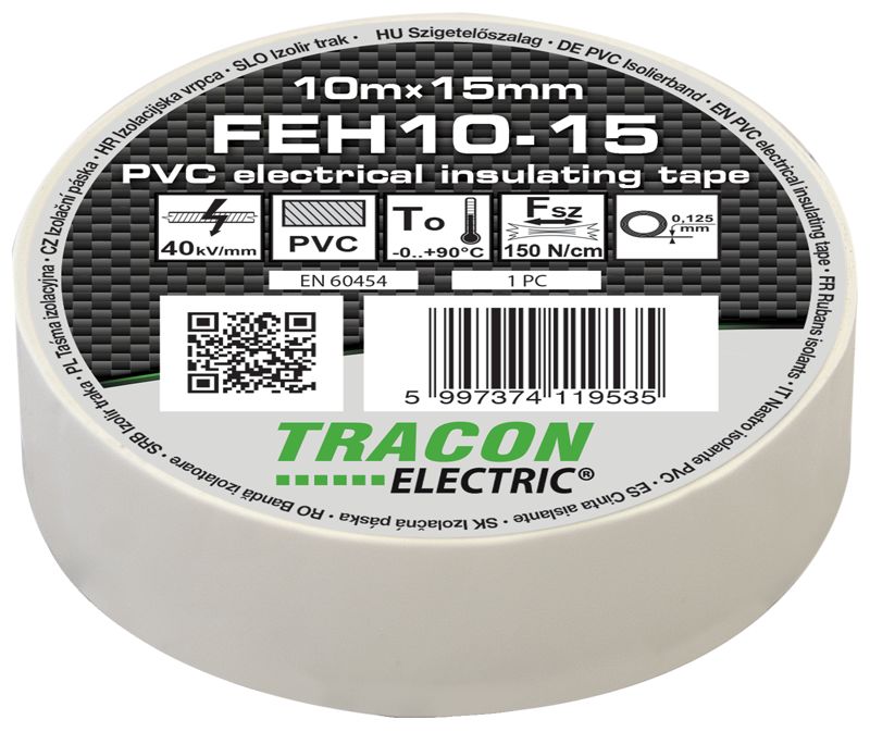 Tracon FEH10-15 Szigetelőszalag,fehér 10m×15mm,PVC,0-90°C,40kV/mm