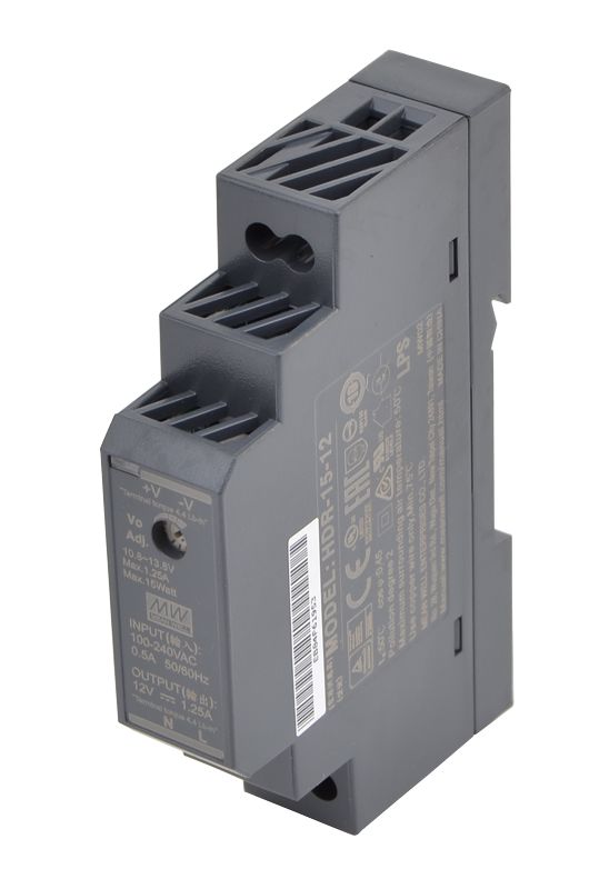 TRACON HDR-15-12 DIN sínre szerelhető tápegység szabályozható DC kimenettel 85-264 VAC / 10,8-13,8 VDC, 15 W, 0-1,25 A