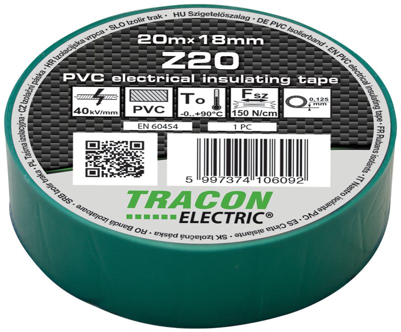 Tracon Z20 Szigetelőszalag,zöld 20m×18mm,PVC,0-90°C,40kV/mm