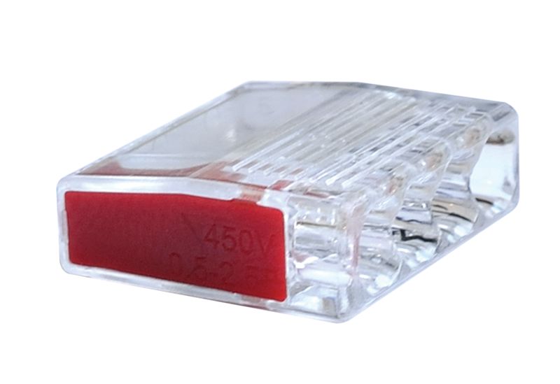 Tracon RVO2,5-4 Csavar nélküli vezetékösszekötő, átlátszó/piros 4×0,5-2,5mm2, 450VAC, max. 16A