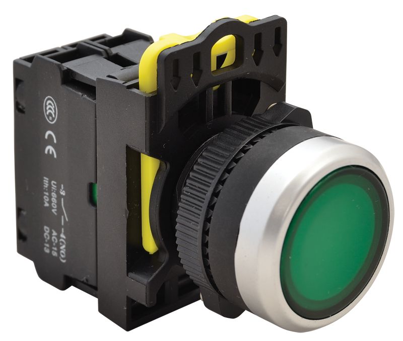 Tracon NYG3-LG Világító nyomógomb,zöld 1×NO,5A/230V AC-15,IP65,LED 230V AC/DC