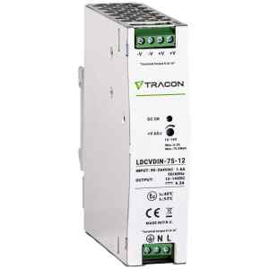 Tracon LDCVDIN-75-12 DIN sínre szerelhető tápegységszabályozható DC kimenettel 90-264VAC,1,6A/DC12V,6,3A/75W
