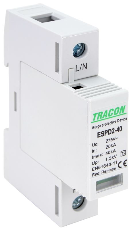 Tracon ESPD2-40-1P T2 AC típusú túlfeszültség levezető,cserélhető betéttel Uc:275V; In:20kA; Imax:40kA; Up:1,3kV; 1P