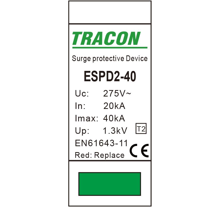 Tracon ESPD2-40-1P T2 AC típusú túlfeszültség levezető,cserélhető betéttel Uc:275V; In:20kA; Imax:40kA; Up:1,3kV; 1P - Image 2