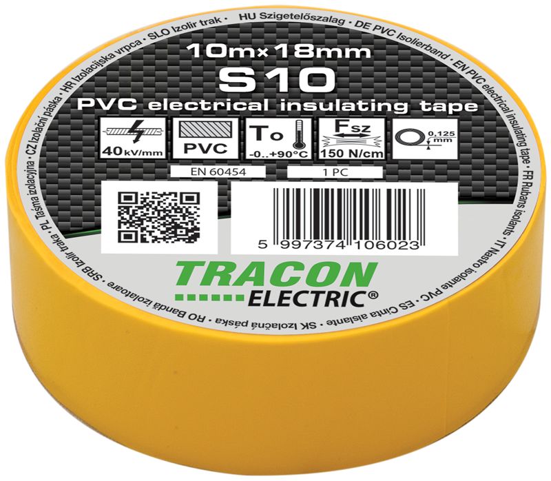 Tracon S10 Szigetelőszalag,sárga 10m×18mm,PVC,0-90°C,40kV/mm
