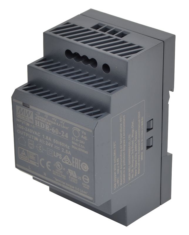 TRACON HDR-60-24 DIN sínre szerelhető tápegység szabályozható DC kimenettel 85-264 VAC / 21,6-29 VDC, 60 W, 0-2,5 A