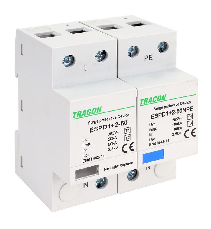 Tracon ESPD1+2-50-1+1P T1+T2 AC típusú túlfeszültséglevezető,egybeépített Uc:385V; Iimp:50/100kA; In:50/100kA; Up:2,5kV; 1+1P