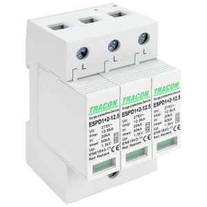 Tracon ESPD1+2-12.5-3P T1+T2 AC típusú túlfeszültséglevezető,cserélhető betéttel Uc:275V; Iimp:12,5kA; In:20kA; Imax:50kA; Up:1,3kV; 3P