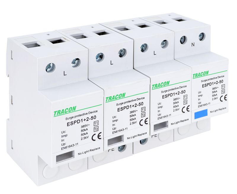 Tracon ESPD1+2-50-4P T1+T2 AC típusú túlfeszültséglevezető,egybeépített Uc:385V; Iimp:50kA; In:50kA; Imax:160kA; Up:2,5kV; 4P