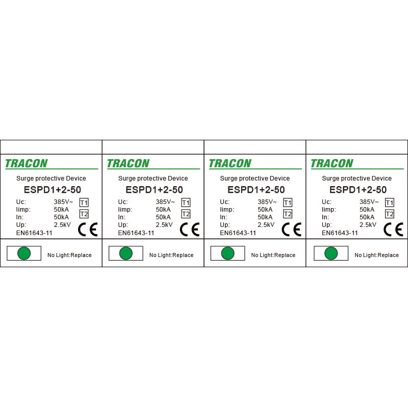 Tracon ESPD1+2-50-4P T1+T2 AC típusú túlfeszültséglevezető,egybeépített Uc:385V; Iimp:50kA; In:50kA; Imax:160kA; Up:2,5kV; 4P - Image 3