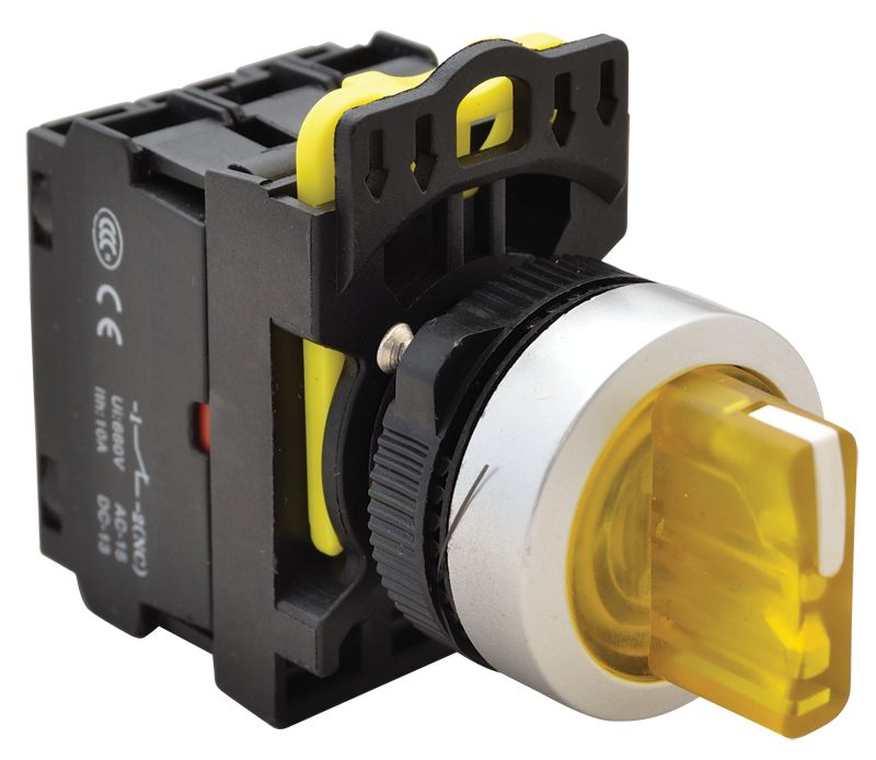 Tracon NYK3-SL34Y Világítókaros kapcsoló,sárga,LED,háromállású,rugóvissza 1×NO+1×NC,5A/230V AC-15,IP65,LED 230V AC/DC