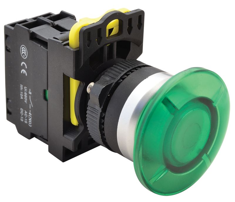 Tracon NYG3-MLG Gombafejű világító nyomógomb,zöld 1×NO,5A/230V AC-15,40mm,IP65,LED 230V AC/DC