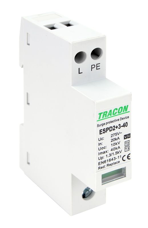 Tracon ESPD2+3-40-1+1P T2+T3 AC típusú túlfeszültséglevezető,egybeépített Uc:275V; In:20kA; Imax40kA; Uoc:10kV; Up:1,3/1,5kV; 1+1P
