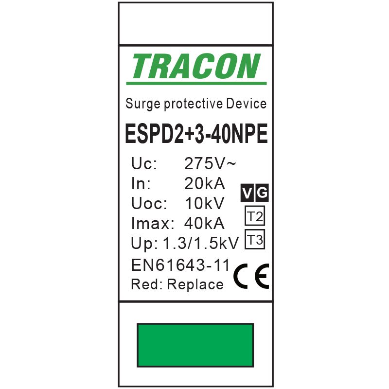 Tracon ESPD2+3-40-1+1P T2+T3 AC típusú túlfeszültséglevezető,egybeépített Uc:275V; In:20kA; Imax40kA; Uoc:10kV; Up:1,3/1,5kV; 1+1P - Image 2