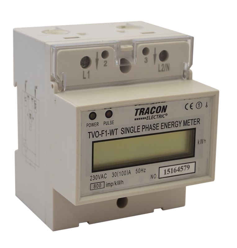 Tracon TVO-F1-WT LCD kijelzésű 1 fázisú átfűzős fogyasztásmérő,közvetlen 230V / 30 A Pd=1W
