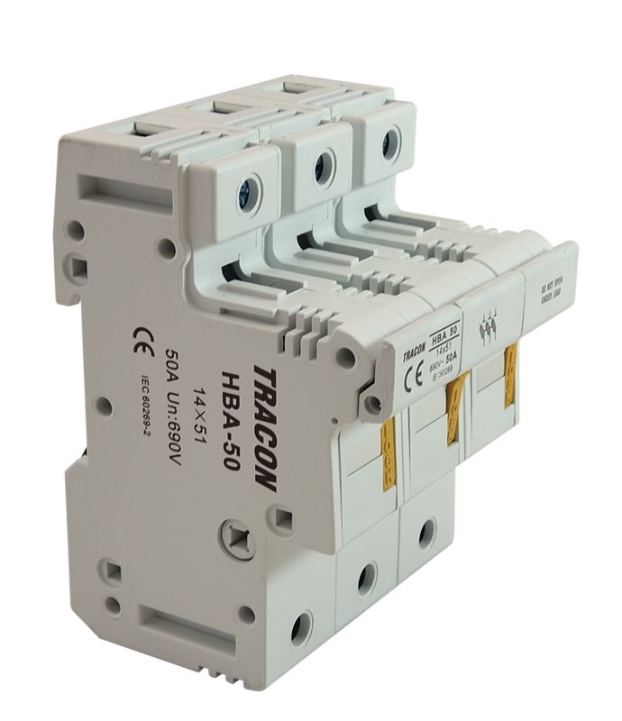 Tracon HBA-3P-50 Szakaszolókapcsoló-biztosítóhengeres bizt.hoz,maszkolható 50A,14x51mm; Un=230V/400V