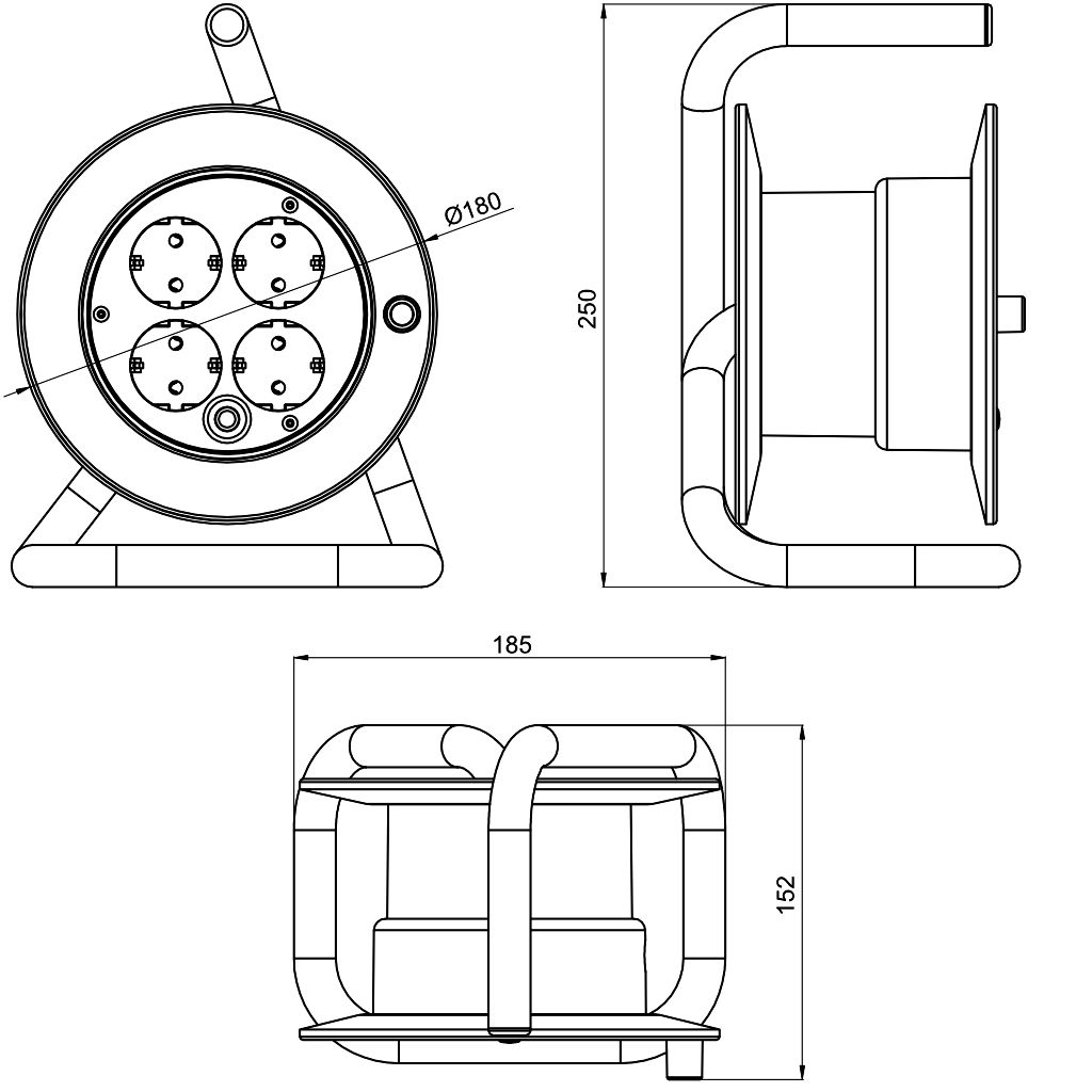 Tracon KD-4/15-B Mini kábeldobos hosszabbító fémvázzal 4×SCHUKO,15m,250V AC,13A,3×1,5mm²,H05VV-F,IP20 - Image 2
