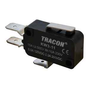Tracon KW3-11 Helyzetkapcsoló,mikro,rugószáras 1×CO 10A/230VAC,0,3A/250VDC,15mm,6,3x0,8 mm,IP00