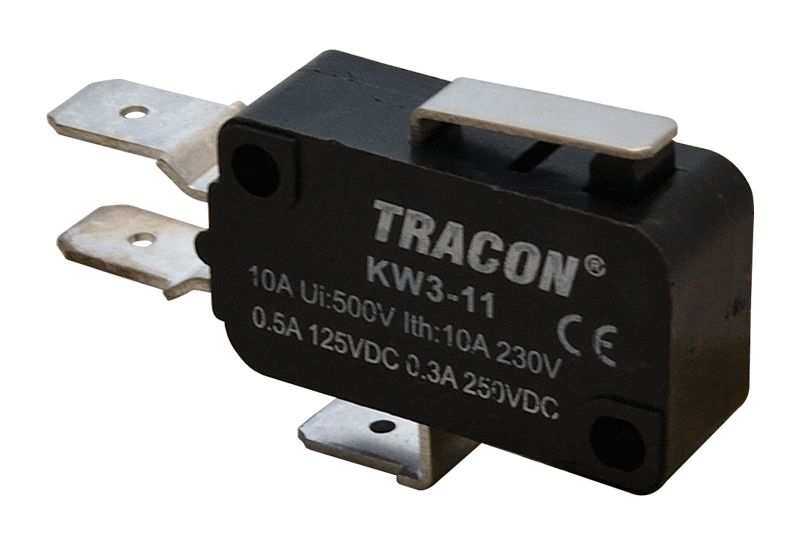 Tracon KW3-11 Helyzetkapcsoló,mikro,rugószáras 1×CO 10A/230VAC,0,3A/250VDC,15mm,6,3x0,8 mm,IP00