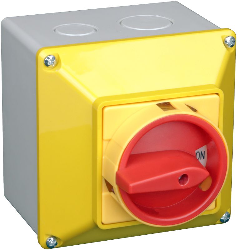 Tracon TKFL-63TS Tokozott főkapcsoló,lakatolható,sárga fedéllel,BE-KI 400V,50Hz,63A,4P,18,5kW,64×64mm,IP44
