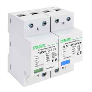 Tracon ESPD1+2+3-25-1+1P T1+T2+T3 AC típusú túlfeszültség levezető,egybeépített Uc:275V; Iimp:25/100kA; In:25/100kA; Uoc:20kV; Up:1,3kV; 1+1