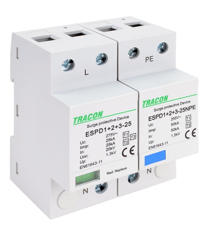 Tracon ESPD1+2+3-25-1+1P T1+T2+T3 AC típusú túlfeszültség levezető,egybeépített Uc:275V; Iimp:25/100kA; In:25/100kA; Uoc:20kV; Up:1,3kV; 1+1