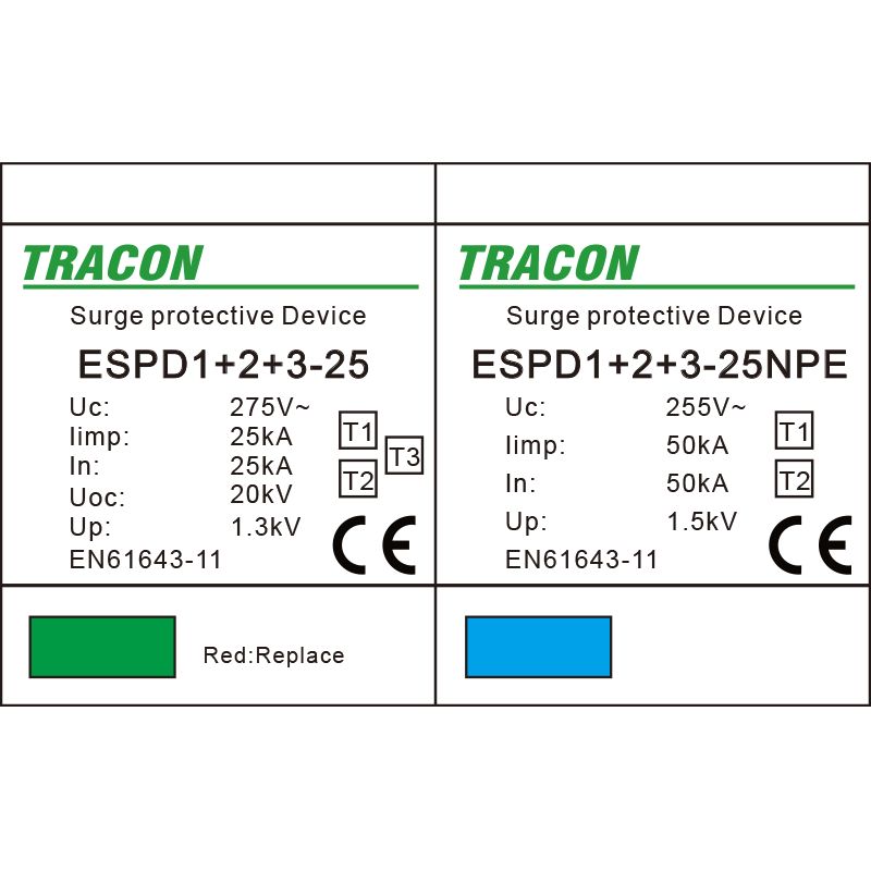 Tracon ESPD1+2+3-25-1+1P T1+T2+T3 AC típusú túlfeszültség levezető,egybeépített Uc:275V; Iimp:25/100kA; In:25/100kA; Uoc:20kV; Up:1,3kV; 1+1 - Image 2