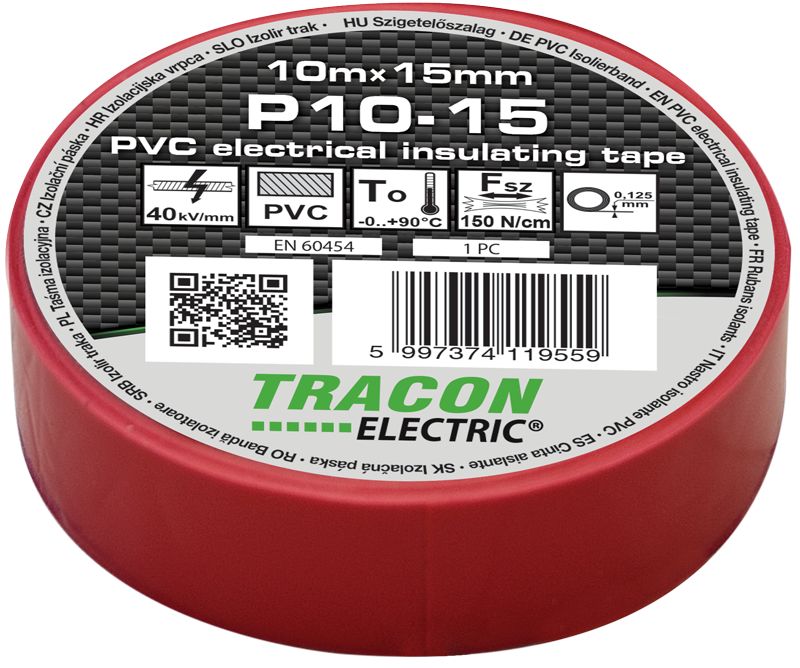 Tracon P10-15 Szigetelőszalag,piros 10m×15mm,PVC,0-90°C,40kV/mm