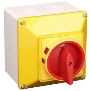 Tracon TSS-20/4TS Tokozott biztonsági lakatolható szakaszoló kapcsoló,sárga 400V,50Hz,20A,4P,5,5kW,48×48mm,IP44
